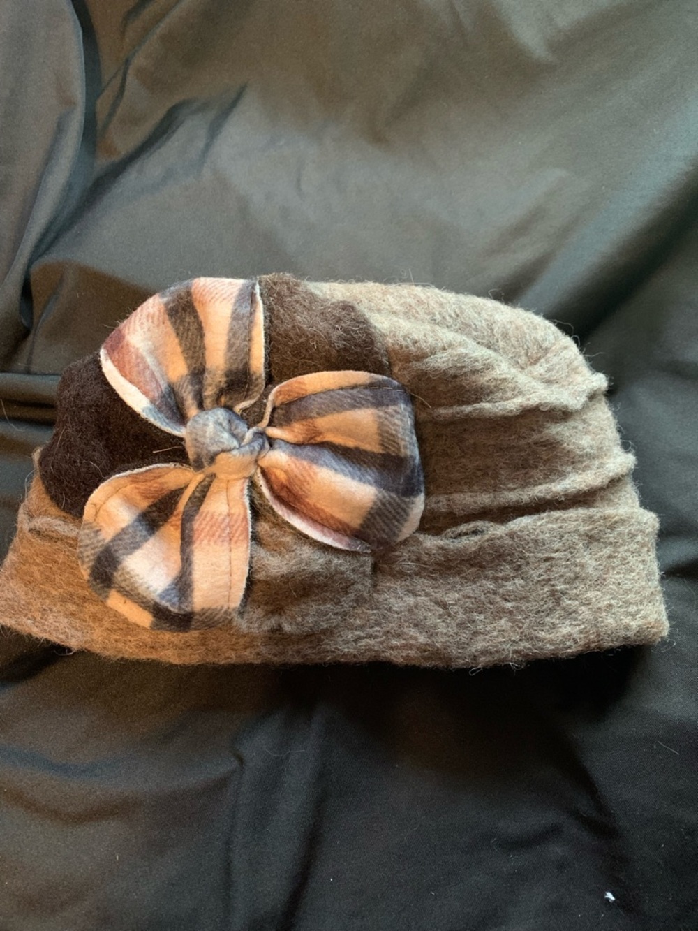 Wool Blend Brown Beanie with Plaid Bow
